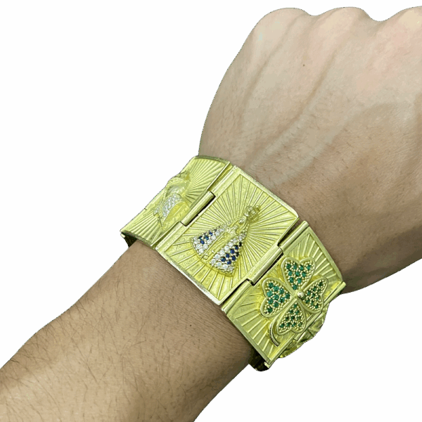 Bracelete 37 mm cristo, coração, santa, mão fé e trevo - Imagem 4