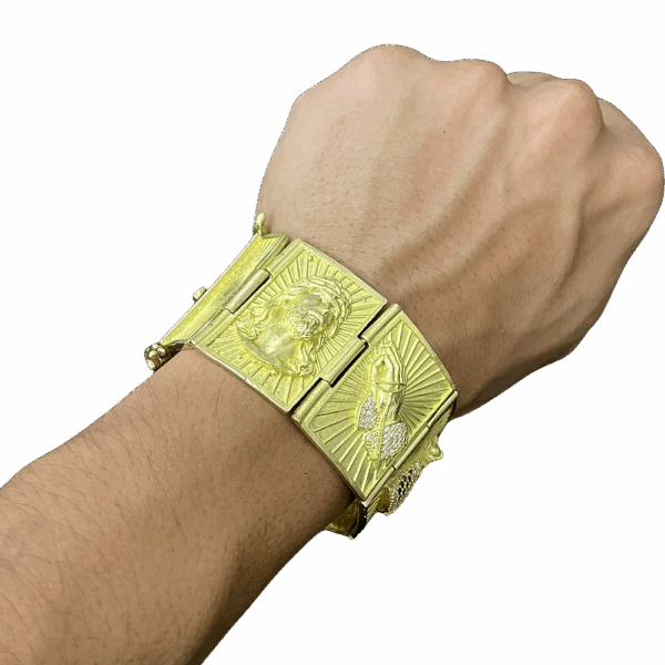 Bracelete 37 mm cristo, coração, santa, mão fé e trevo - Imagem 8