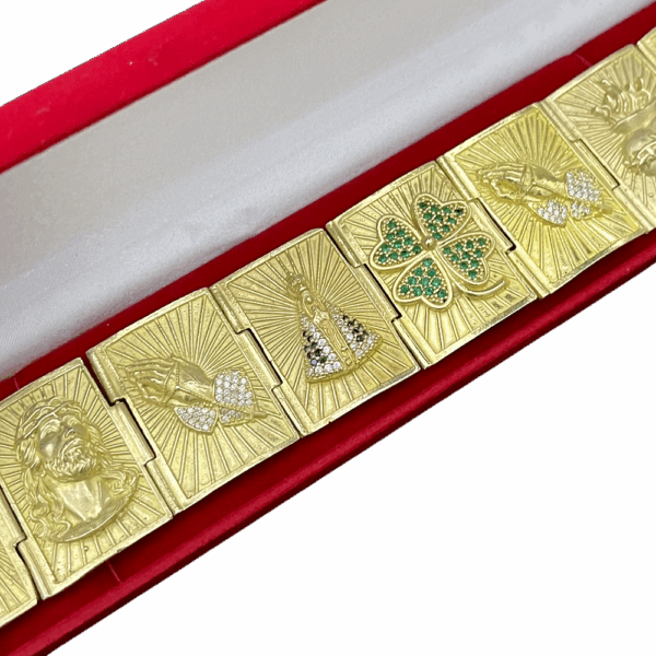 Bracelete 37 mm cristo, coração, santa, mão fé e trevo - Imagem 11